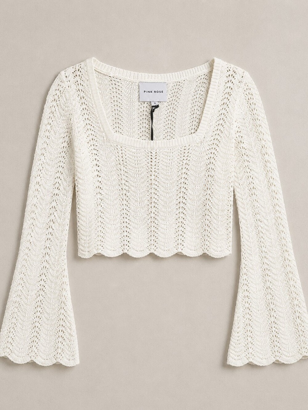 Pink Rose Cream Open Knit Cropped Sweater Size Sm Boho Bell Sleeve Top Coquette - Picture 3 of 12
